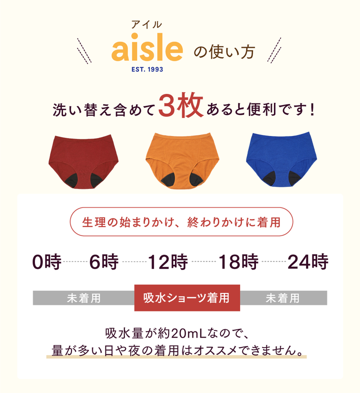【軽い日〜普通日向け】<br>ブリーフ 吸水ショーツ<br>最大20ml吸水 軽い日〜普通日<br>オーガニックコットン ブースター対応<br>